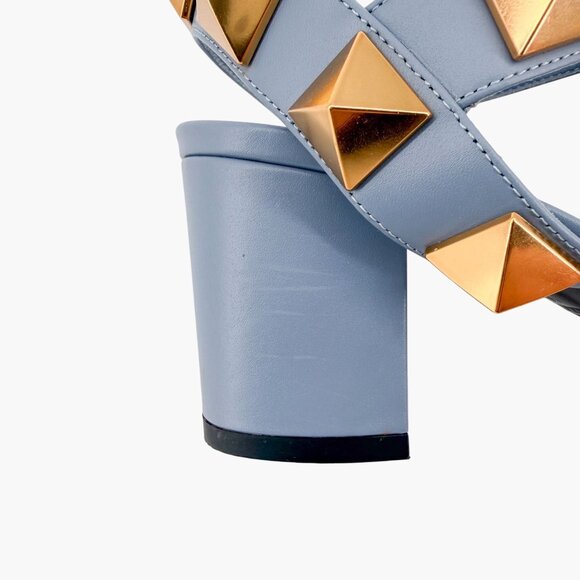 Valentino Garavani Roman Stud Block Heel Sandals Blue Leather Size 39 US 9 - Picture 11 of 15